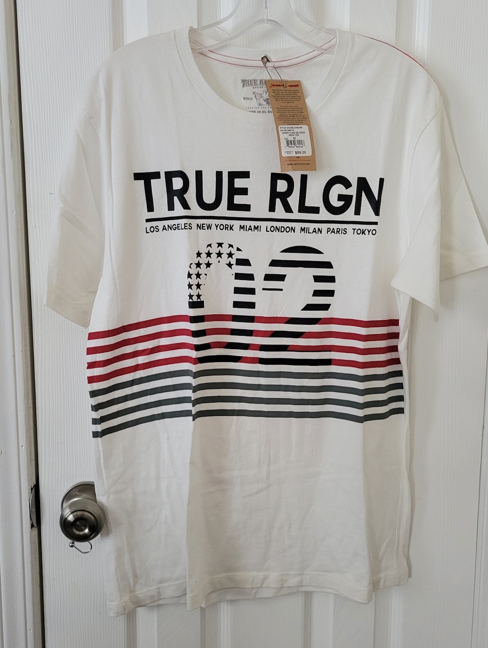 True Religion White Tee with Black Logo and Red & Gray Stripes. NWT